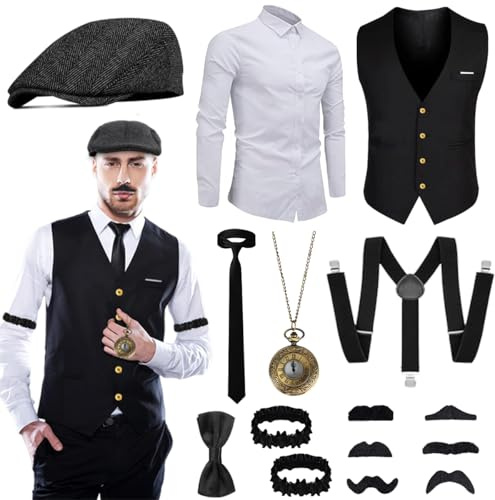 Fantspati 20er Jahre Accessoires Herren, 20er Jahre Kostüm Herren, Mafia Karneval Kostüm, Kleidung Zubehör mit Westen Hemd & Verschiedenen Accessoires für Halloween, Karneval Kostüm