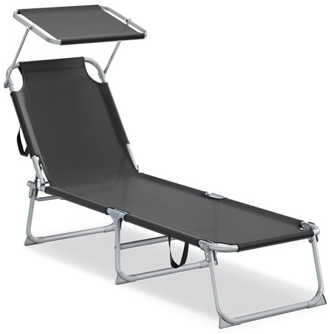 SONGMICS Sonnenliege klappbar, 189 x 53 x 28,5 cm, Gartenliege | Liegestuhl, belastbar bis 110 kg, verstellbare Sonnenblende und Rückenlehne, für Terrasse, Balkon, schwarz, GCB194BZ02
