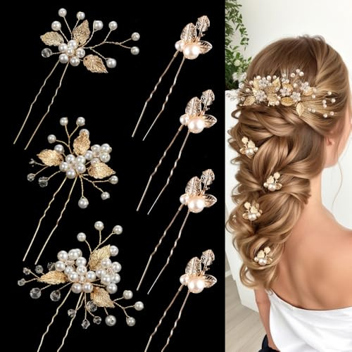 XFSRG 7 Stücke Haarnadeln für Braut Blatt-Design U-förmige Haarspangen Haarschmuck Hochzeit mit Kristall und Perlen für Frauen und Mädchen Hochzeits Accessoires (Gold)
