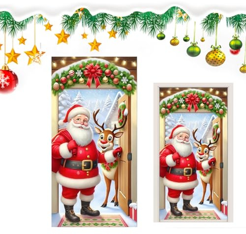 Funda De Puerta Para Navidad | Decoración del Hogar Grande y,Banderín De Envolver Para Puerta De Navidad Con Santa Y - Para Decoración Hogar Interior Exterior Sala Dormitorio Oficina Granja Restauran
