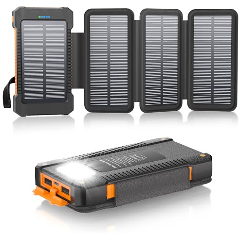 Solar Power Bank 26800mAh with 4 Solar Panels, 18W USB-C Power Bank Fast Charging Portable Battery for Phones, IPX7 Waterproof External Battery Pack with Flashlight Light/SOS/Strobe (orange)