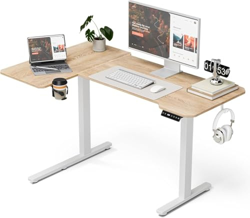 Acrolix Eckschreibtisch Höhenverstellbarer Schreibtisch L Form,130 X 80 cm Elektrischer Höhenverstellbar Ergonomischer Schreibtisch L mit Getränkehaltern und Haken Stabiles Bürotisch, Hellbraun