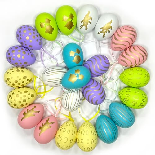 LIZANQU 24X Ostereier zum Aufhängen, Osterei Deko, Osteranhänger aus Kunststoff, Bunte Plastik Osterei mit Schnur, Ostereier Draußen für Ostern Dekoration (6x4 cm) (B)