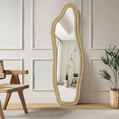 BestAlice Miroir complet 160 x 50 cm, miroir sur pied, grand miroir asymétrique, miroir de sol avec cadre en velours, miroir mural moderne, suspendu, debout, inclinable, miroir ondulé pour chambre à