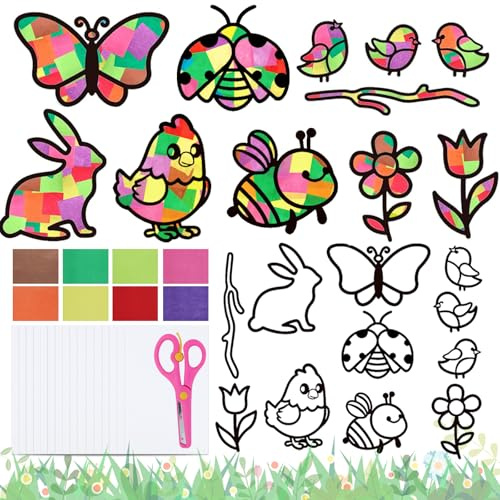 22 Stück Fensterbilder Bastelset für Kinder, Fensterbilder und Papierbastelset, Bastelset Bunte Fensteraufkleber Blumen Vögel Schmetterlinge Hasen zum Basteln Frühling Ostern Fenster, Kreative DIY