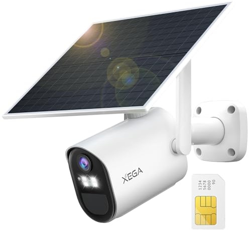 Xega Caméra de Surveillance 4G LTE avec Carte SIM, Caméra Solaire 2K | Sans WiFi, Vision Nocturne Couleur, Détection PIR et Zones de Détection, Batterie 7800 mAh, Panneau Solaire 6W