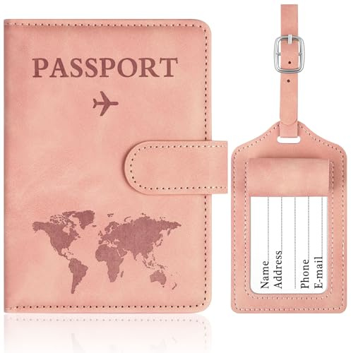 OFFCUP Custodia per Passaporto, Custodie Porta Passaporto con Blocco RFID, Custodia Passaportos con Etichetta Valigia in Pelle PU per Carte d'Identità Carte di Credito, Passaportos Pass (Rosa)