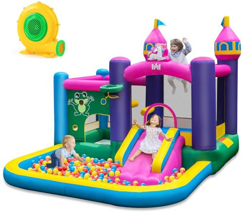 Maxmass Inflatable Bounce House, Kids Bouncy Castle with 680W Blower, Trampoline, Slide, Large Ball Pit, Basketball Hoop, Outdoor Indoor Playhouse Jumping House Blow up Castle (Unicorn Themed)