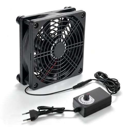 120mm Lüfter 230V Leise mit Netzteil, Stufenlos Regelbarer PC Lüfter 230V (3-12V) für Konsolen, Router & TV-Box, 120x120x34mm Gehäuselüfter mit 2000 U/min, Kunststoff-Staubfilter & Stützfüßen