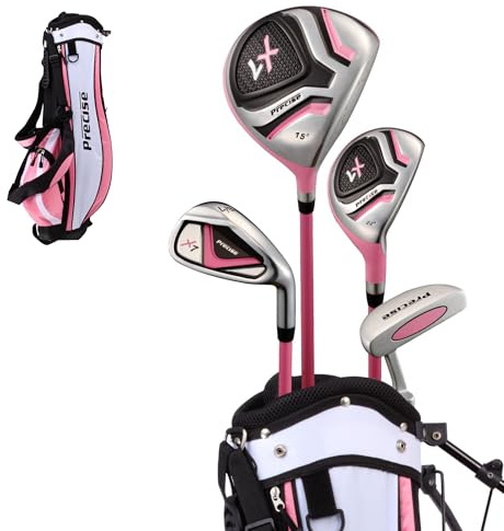 Precise X7 Junior Complete Kids Golf Clubs Set - Boys & Girls Right Handed Kids Golf Set w/ Driver, Hybrid, Irons, Putter, Stand Bag & Headcovers - Youth Golfing Clubs Sets for Ages 3-5 - Pink