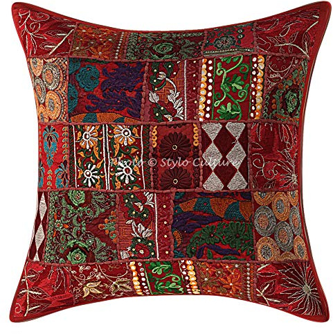 Stylo Culture Ethnisch Dekorativ Baumwolle Sofa Kissenbezüge 60x60 cm Kastanienbraun Dekokissen Vintage Patchwork Wohnzimmer Couch Kissenhülle Abstrakt Quadrat Kissen Bezüge - 1 STK.