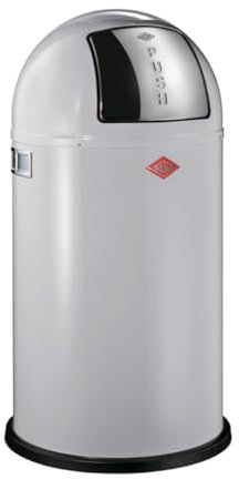 Wesco Pushboy Mülleimer in der Farbe grau, pulverbeschichtetes Stahlblech, 50 Liter Volumen, große Edelstahlklappe, herausnehmbarer Innenbehälter