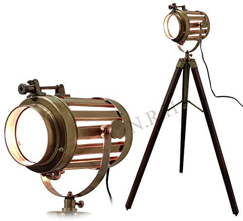 Projecteur de théâtre classique en laiton antique avec trépied en bois massif