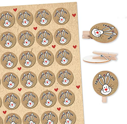 Logbuch-Verlag 35 Mini Holzklammern + Osteraufkleber mit Osterhase FROHE OSTERN - Osterdeko Verzierung Osterverpackung Osternest Osterklammer