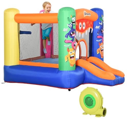Outsunny 3-in-1 Kids Bouncy Castle with Slide Trampoline Basket, Inflatable Bounce House with Blower for Kids Age 3-8 Monster Design 2.5 x 1.8 x 1.75m