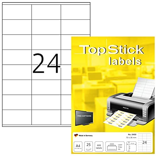 TopStick 8400 Étiquettes d'adresse A4 (70 x 36 mm, 25 feuilles, papier, mat) auto-adhésives, imprimables, autocollantes universelles permanente, 600 étiquettes adhésives, blanc