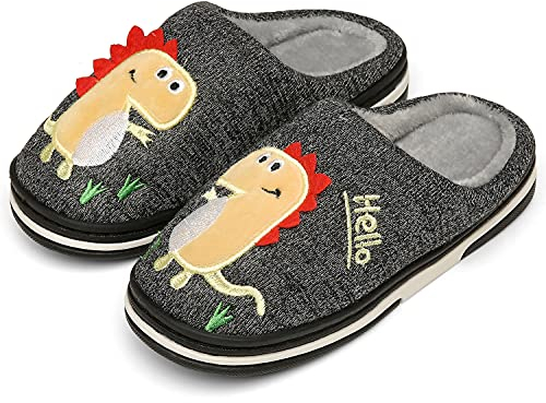 INMINPIN Kinder Winter Baumwolle Pantoffeln Wärme Weiche Plüsch Hausschuhe Kuschelige Slipper mit Cartoon Dinosaurier für Mädchen Jungen,Schwarz Grau,35/36 EU = Etikettengröße 36/37