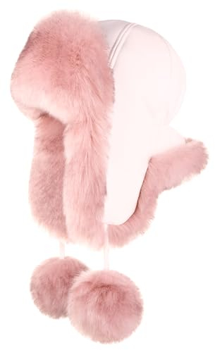 Futrzane Fliegermütze - Schapka Uschanka Damen - Fell Trapper Mütze aus Leder (One Size, Weiß - Rosa Siberian)