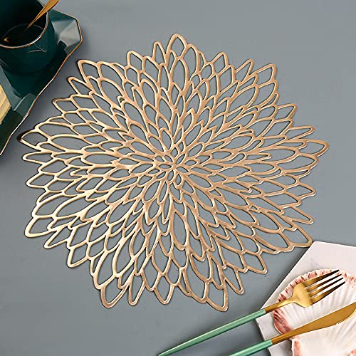 Hibiscus Sottopiatti,4 PCS Tovagliette Dorate Rotonde Cavi Tovagliette Ibisco Sottopiatti PVC Isolamento Termico Tovagliette Antiscivolo per Natale XMAS Matrimonio Festa Ristorante