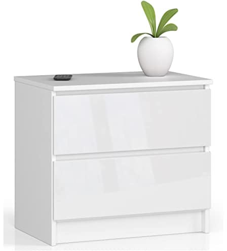 AKORD Kommode K60 mit 2 Schubladen | für das Wohnzimmer Schlafzimmer Schrank Büro Arbeitszimmer | Modernes Funktionales Design | B60 x H55 x T40 cm, Gewicht 20kg | Weiß/Weiß Glänzend