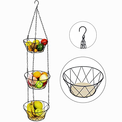 The Rombs Obstkorb hängend - Moderner Obst Hängekorb mit längerer Kette (130 cm) und Echtholzboden - individuell einstellbar - zur Obst Aufbewahrung