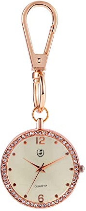 JewelryWe Glitzer Uhr mit Karabiner Schlüsselanhänger: Damen Karabineruhr Glänzend Strass Analog Quarz Taschenuhr mit Rosegold Rundem Gehäuse und Weiß Zifferblatt