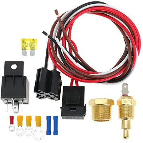 Electric Fan Relay Kit Electric Fan Wiring Kit with Thermostat Radiator Fan Temperature Sensor Switch 185 On 175 Off, 40 AMP Waterproof Relay Kit, Electric Cooling Fan Thermostat Kit 4 Pin