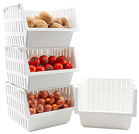 Cestas Apilables de Plástico, Frutero, Verdulero,4 estantes, Almacenaje, Organizador (Blanco)