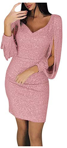 NBHY Abito da sera da donna con brillantini, elegante abito da festa, con scollo a V, a maniche lunghe, slim fit, corto, da cocktail, da donna, sottile, elegante, vestibilità midi, Colore: rosa., L