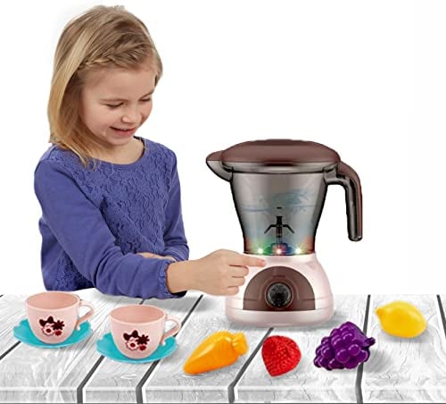Coo11 Kids Blender Mixer Machine Toy, Realistic Juicer Kitchen Pretend Play Set with Transparent Jar & Lid, Play Fruit, On/Off Button Light Sound, Fun Learning Home Appliances for Toddlers Ages 3+