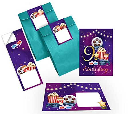 Junapack 12 Einladungskarten zum 9. Kindergeburtstag Kino neunte Geburtstag Mädchen Jungen Cinema Kino-Party incl. 12 Umschläge, 12 Tüten/petrol, 12 Aufkleber