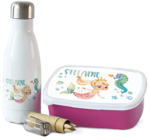 GRAZDesign Brotdose und Trinkflasche Set für Mädchen mit Namen | personalisierte Brotdose mit Trennwand | Meerjungfrau Motiv | Trinkflasche aus Edelstahl 350ml | Geschenk zur Einschulung
