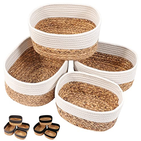 Lannvan Aufbewahrungskorb 4er Set aus Wasserhyazinthe und Baumwolle,Körbe Korb Geflochten Körbe Aufbewahrung Storage Basket Aufbewahrungskörbe für Bad Badezimmer Kinderzimmer Wickeltisch,Cremeweiss
