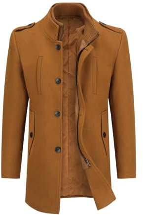Allthemen Men's Winter Wool Coat Trench Mid Length Overcoat Jacket Slim Fit Casual Coat Brown M