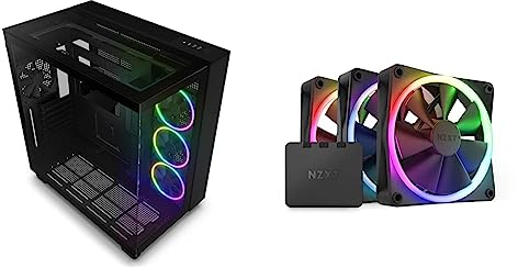 Bundle mit NZXT H9 Elite PC Gaming Gehäuse - Airflow Mesh Front - Extra GPU Lüfter - USB C & NZXT F120 RGB Dreierpackung – 3x120 mm RGB-Lüfter – 18 LEDs – Halbtransparente Lüfterblätter – Schwarz