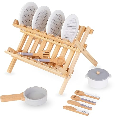 Mamabrum Holz-Küchenzubehör-Set | Kinderküche mit Geschirrständer, Töpfen, Tellern & Besteck | Spielküche aus Holz | Küchen-Spielzeug für Kinder ab 3 Jahren (15-teilig)