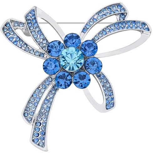 Tidefire Crystal Pflanze Brosche Bogen Strass Brosche Blatt Brosche Rose Brosche Pin Brustnadel für Frauen Kleidung Korsage (Schleife Blau)