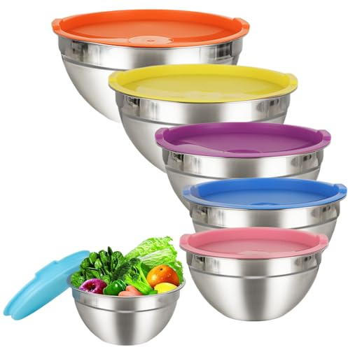 JMIATRY 6 Pcs Salad Bowls with Airtight Lids, 6 Sizes Stainless Steel Mixing Bowl, Metal Salad Bowls for Kitchen Baking, Cooking, Prepping