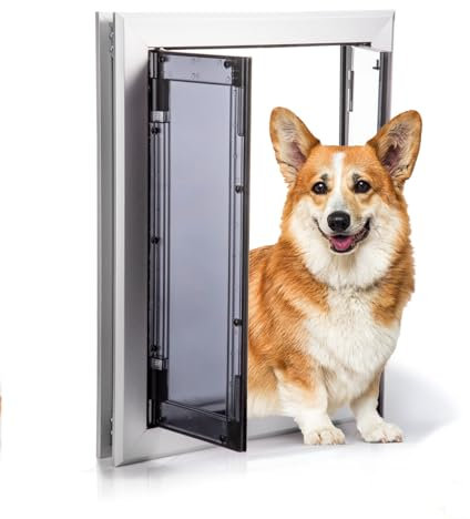 Premium Dog Door, Aluminum Pet Door with Double Panels, Doggie Door with Automatic Closing Magnetic Flaps, Slide-in Panel & 4 Security Locks, Weather Resistant & Durable Use, Medium