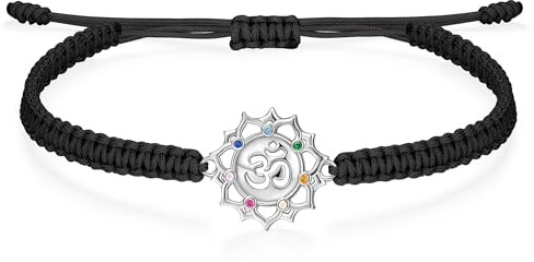 J.Endéar Om Lotusblume Armband Damen Mädchen Silber 925 Yoga Meditation Schmuck Zirkonia 7 Chakra Armband, Schwarz Kordel Armband