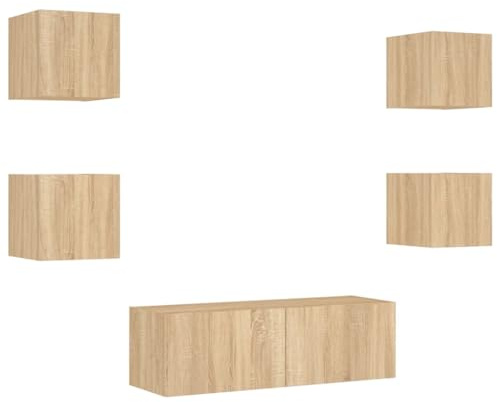 vidaXL TV Wohnwand 5-TLG., Wandschrank mit viel Stauraum, Fernsehschrank Schrank mit LED-Leuchten, Wandmontage TV Einheit Möbel Wohnzimmer Set, Sonoma-Eiche