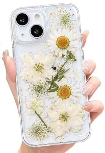 Abbery Handyhülle für iPhone 13 Mini/iPhone 12 Mini Hülle Getrocknete Blumen Glitzer Muster Durchsichtig mit Motiv Aesthetic Design Silikon Frauen Mädchen Stoßfeste Anti-Kratzer Schutzhülle (Weiß)