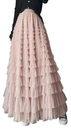 FRALHQFL Gonna Lunga Donna Gonna di Tulle da Donna A-Line Fata Elastica in Vita A Strati Lunghi Gonne A Strati Gonne A Maglie-Rosa-l