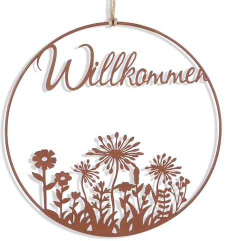 JUJOYBD Türkranz 30 cm aus Metall - Ganzjähriger Willkommensschild Rosthänger für Tür, Garten, Eingang, Wetterfeste Rostdeko zum Aufhängen in Außenbereich, Dekorativer Kranz - Blumen Motiv