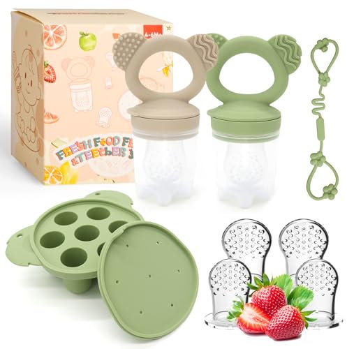 Moules à glace pour bébé et lot de 2 mangeoires en silicone pour bébé de 6 mois et plus pour les dents - Alimentation solide - Sans BPA - Pour apaiser la dentition (vert + caramel)