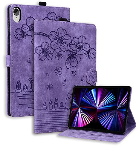 TEDTIKJT Funda para Lenovo Tab P11 (TB-J606F) 11 Pulgadas 2021 Carcasa PU Cuero Folio Fundas con Soporte Protección Tablet Cover para Lenovo Tab P11 11 Funda,Flores Cerezo Gatos Morado