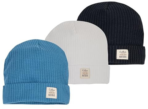 Makoma Baby Mütze 3er Pack für Säuglinge & Neugeborene Jungen & Mädchen - Erstlingsmütze - 100% Baumwolle(68, Waffelpique Blau)