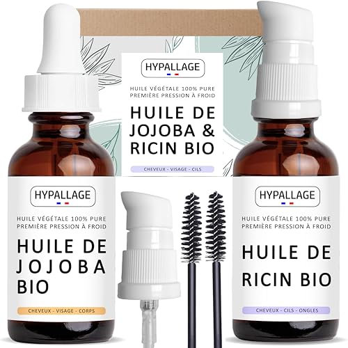 Huile de Ricin Bio et Huile de Jojoba Bio - 100% Naturelle et Pressée à Froid - Huile Pousse Cheveux, Cils et Barbe - Repousse Sourcils et Renforcement des Ongles - Embouteillée en France
