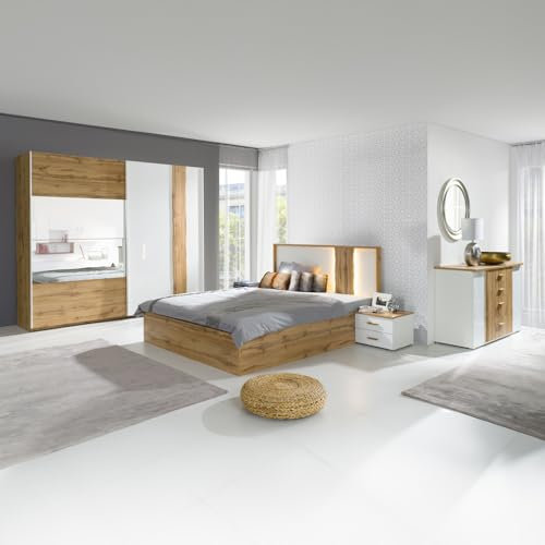 Lomadox Schlafzimmer Set Eiche mit weiß 5-teilig Kleiderschrank 200 cm Bett 160x200 cm Nachttische Kommode Doppelbett Ehebett Bettgestell