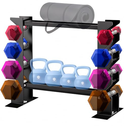 ManiBoom Soporte Mancuernas Casa de Acero 2 Niveles Horizontales + 2 Verticales - Organizador Gimnasio - Estante de Almacenamiento para Pesas Rusas, Barra Esterillas y Mancuerna - Mancuernero